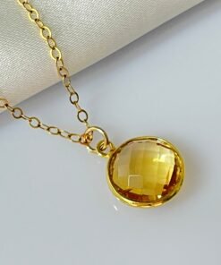 24K Gold Citrine Round Pendant Necklace  " Gold-Filled Chain Jewelry" November Birthstone