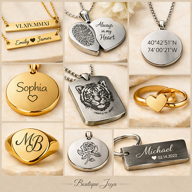 Collage of different engraving styles on jewelry