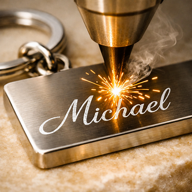 Macro shot of laser beam engraving a keyring