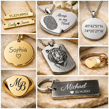 Collage of different engraving styles on jewelry
