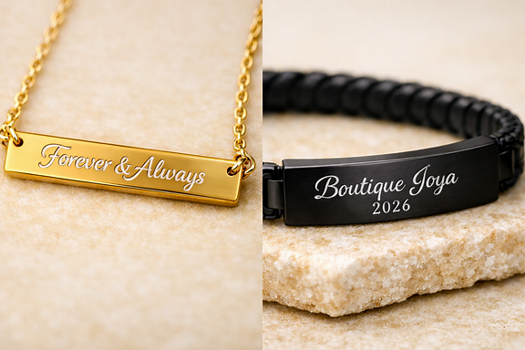 Gold PVD bar necklace and black PVD bracelet engraving