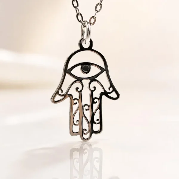 Sterling Silver Hamsa Necklace with 925 silver protection amulet pendant in minimalist design