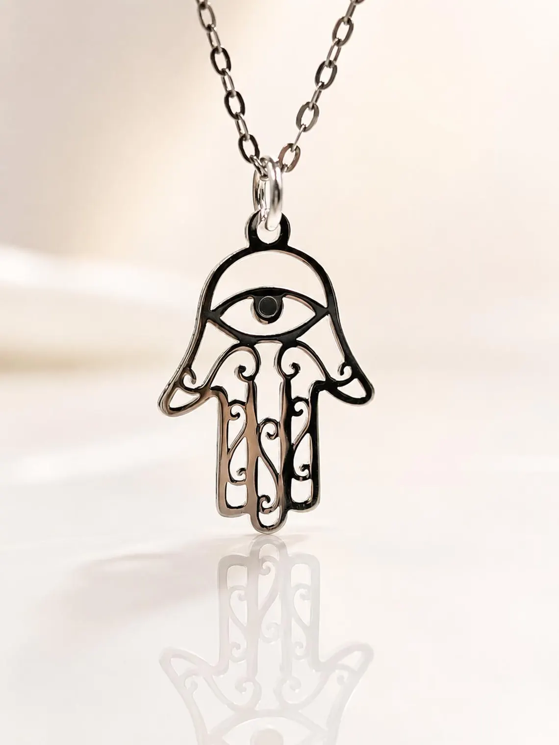 Sterling Silver Hamsa Necklace with 925 silver protection amulet pendant in minimalist design