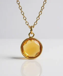 Citrine Round Pendant Necklace in 24K Gold Plated Setting on Gold Filled Chain