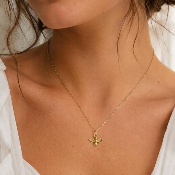 Gold Bee Necklace Worn – Minimalist Nature Inspired Jewelry