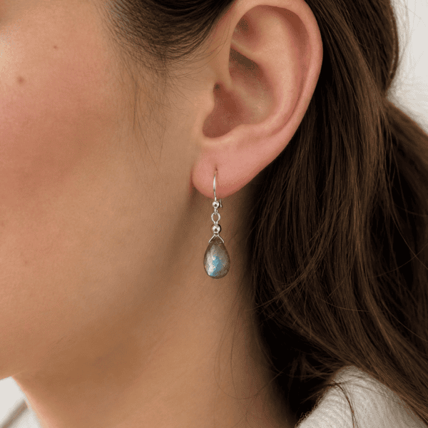 Minimalist sterling silver labradorite earrings styled for everyday wear