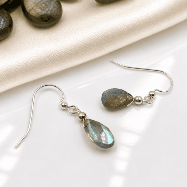 Labradorite drop earrings displayed on neutral background in BoutiqueJoya style