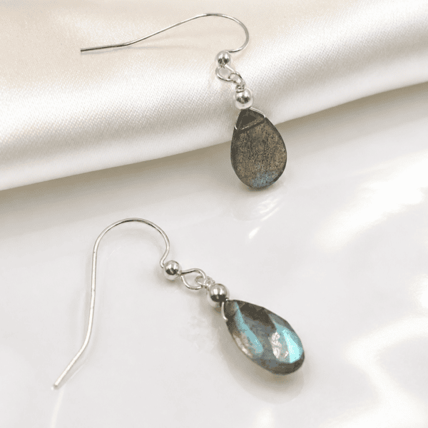 Labradorite drop earrings displayed on neutral background in BoutiqueJoya style