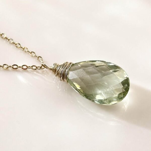 Handmade dainty necklace featuring a natural faceted green amethyst gemstone, available in gold filled or sterling silver. Minimalist design crafted in Spain.