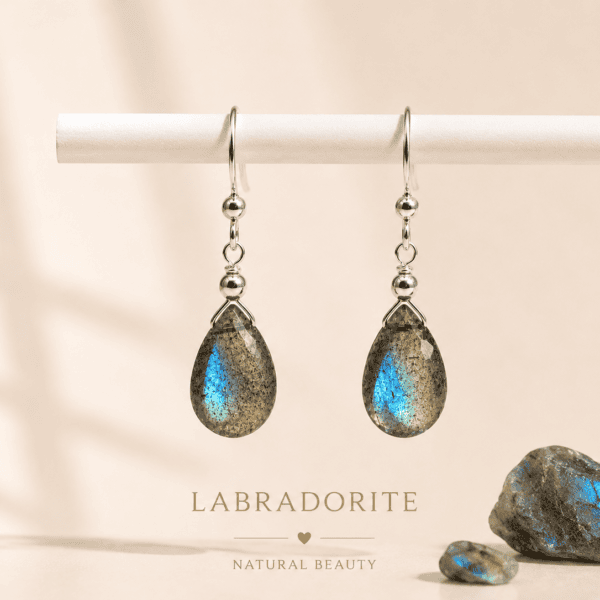 Close-up of natural labradorite gemstone with grey-blue iridescent flash in sterling silver setting