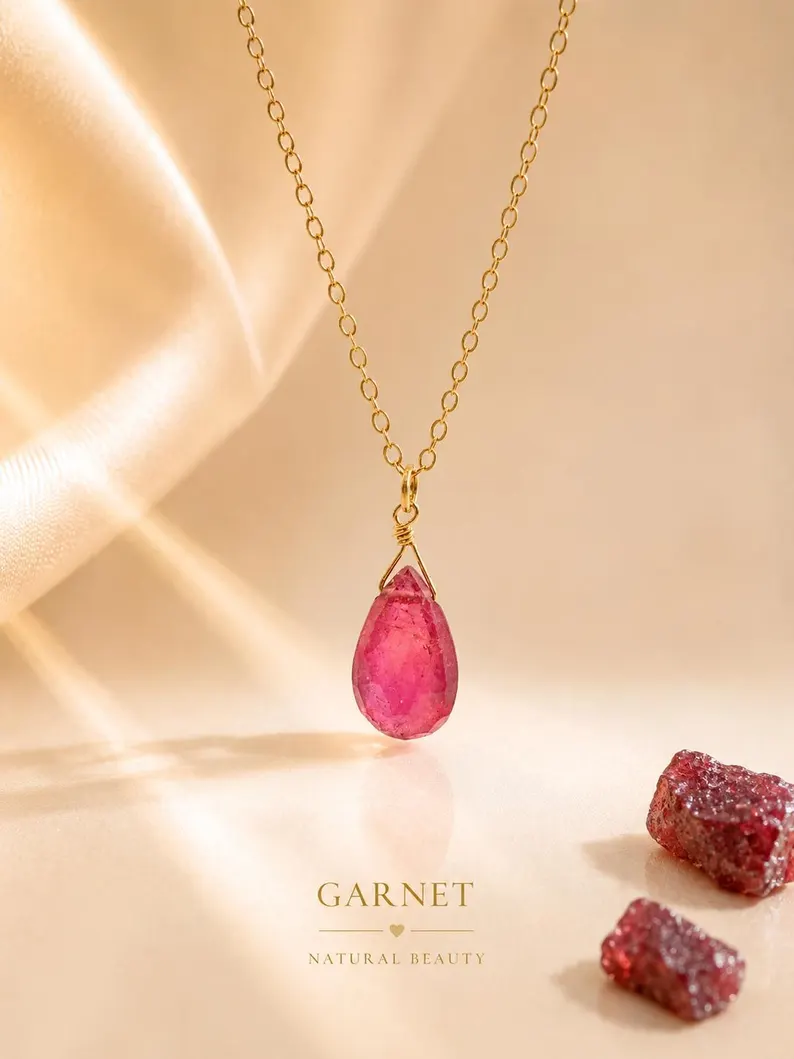 Minimalist Garnet pendant necklace showing deep red natural gemstone tones